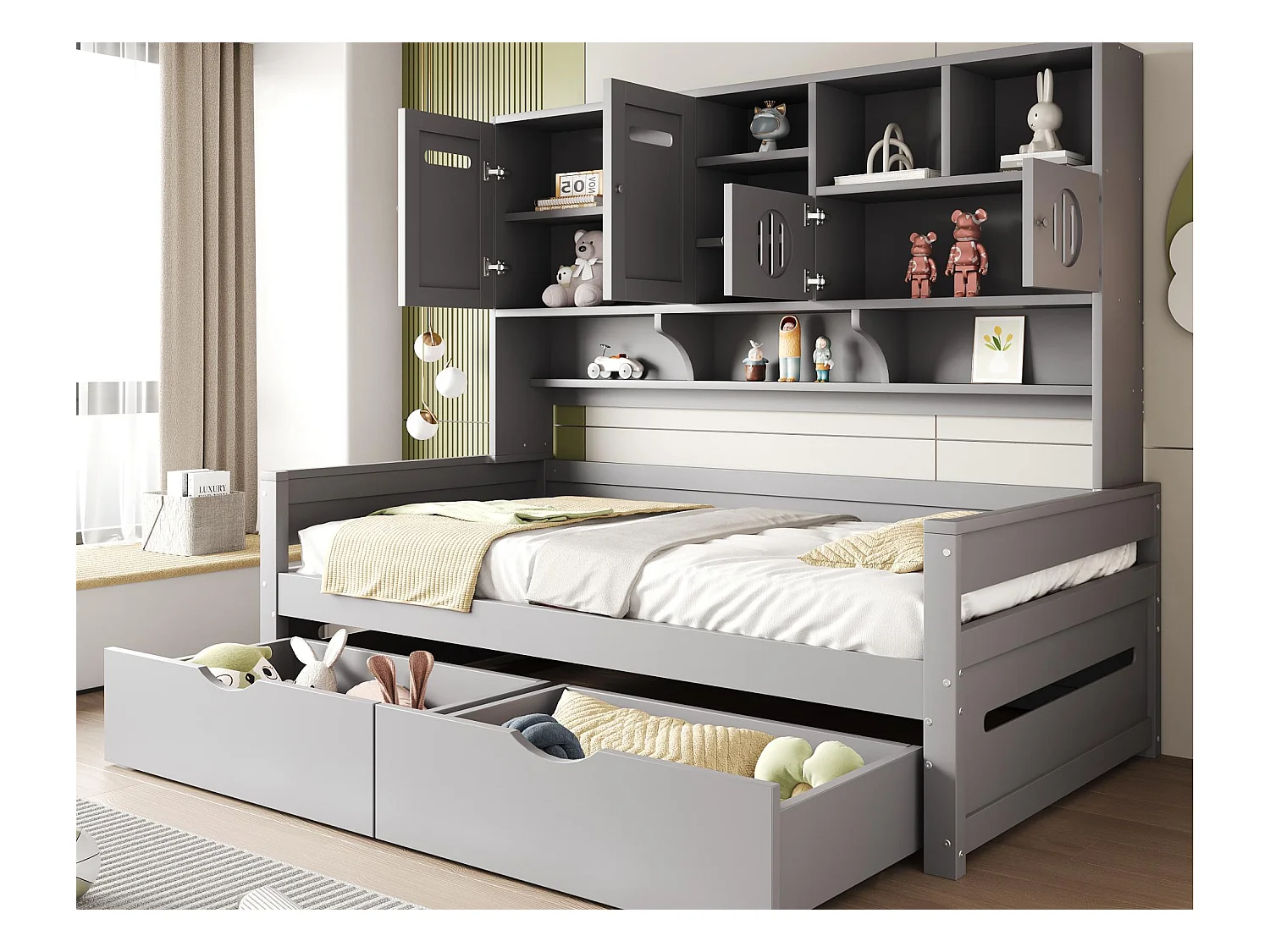 Canapé-lit en bois 90x200 cm - avec 2 tiroirs - avec plusieurs étagères - avec sommier à lattes - gris (matelas non inclus)