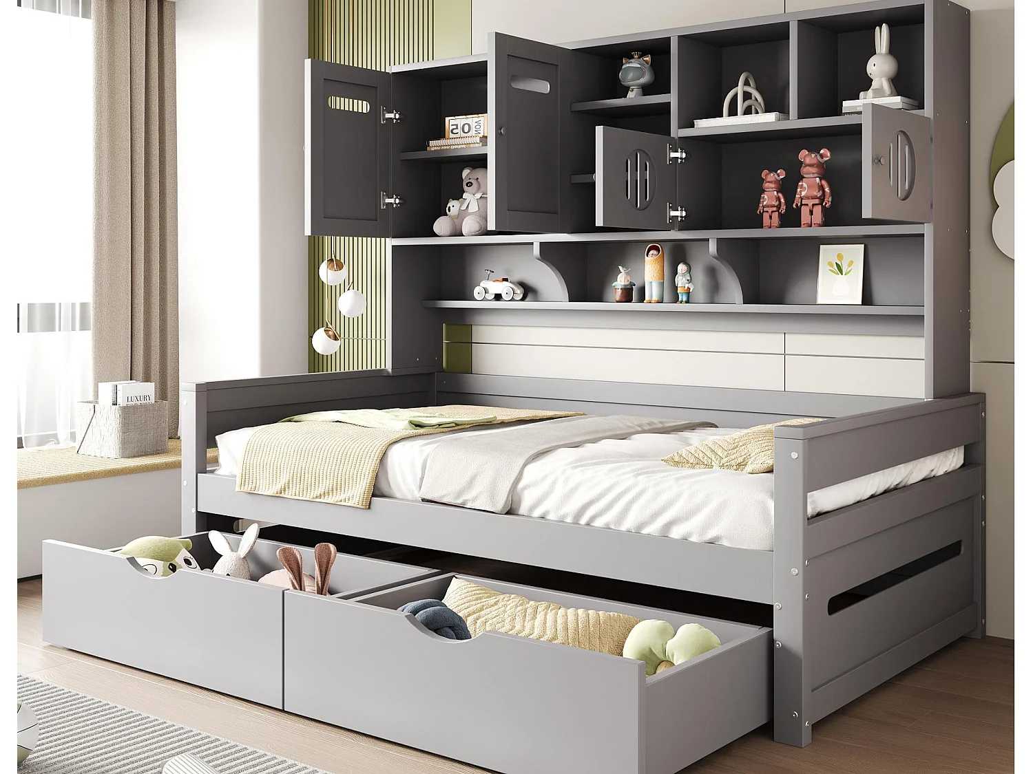 Canapé-lit en bois 90x200 cm - avec 2 tiroirs - avec plusieurs étagères - avec sommier à lattes - gris (matelas non inclus)