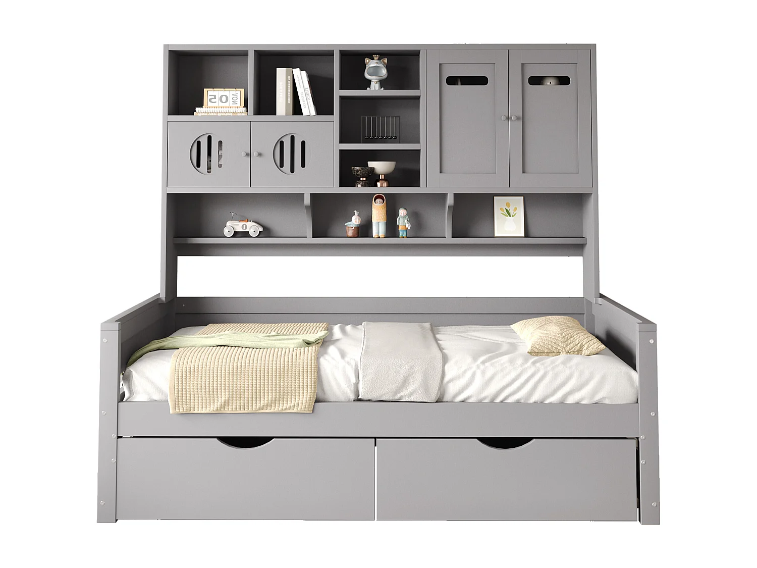 Canapé-lit en bois 90x200 cm - avec 2 tiroirs - avec plusieurs étagères - avec sommier à lattes - gris (matelas non inclus)