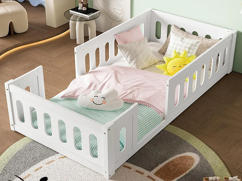 Lit enfant en bois 90x200 cm - avec barrières - MDF + bois massif - Blanc (matelas non inclus)