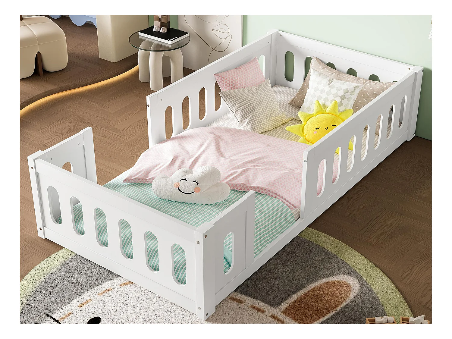 Lit enfant en bois 90x200 cm - avec barrières - MDF + bois massif - Blanc (matelas non inclus)
