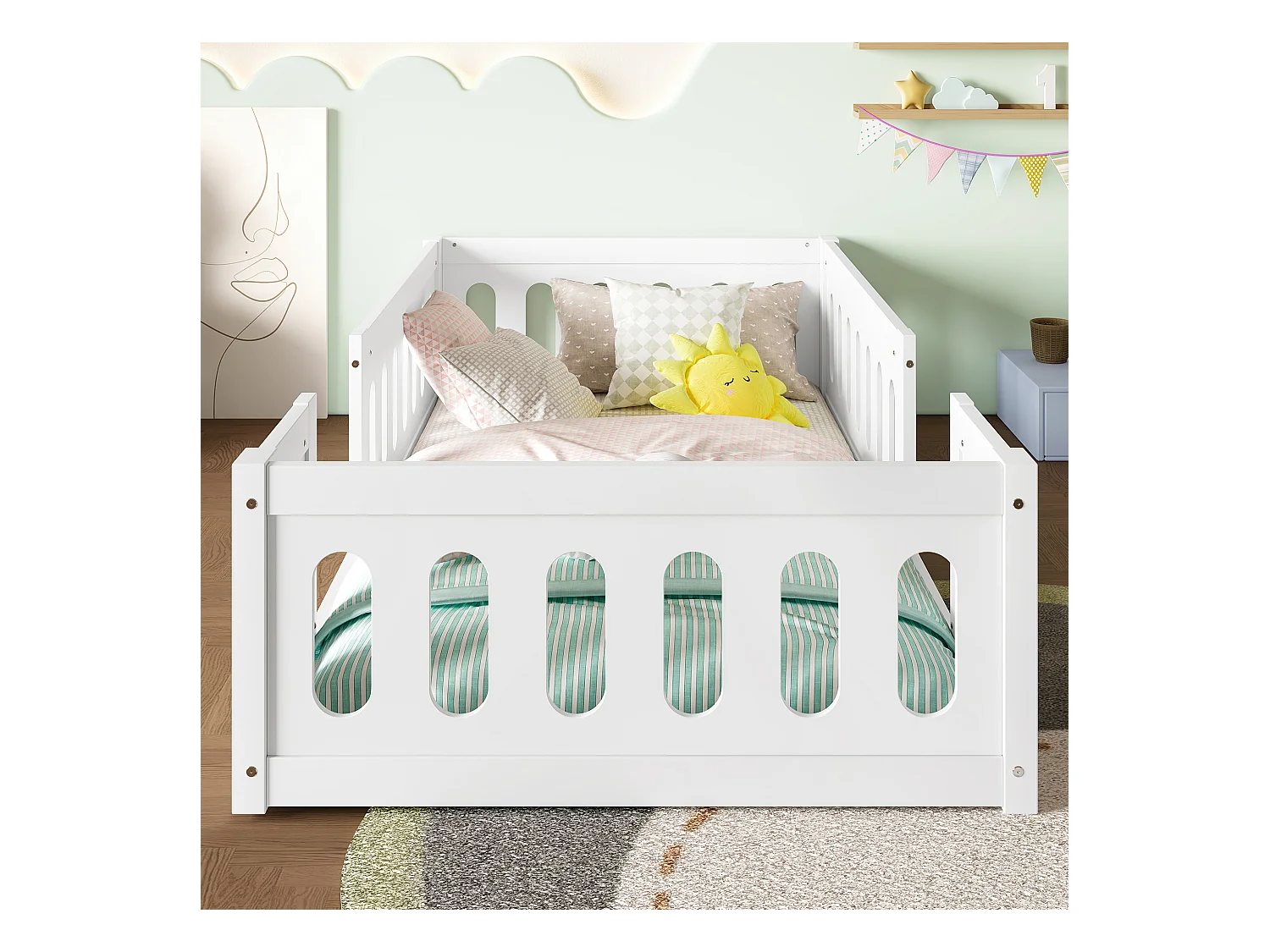 Lit enfant en bois 90x200 cm - avec barrières - MDF + bois massif - Blanc (matelas non inclus)