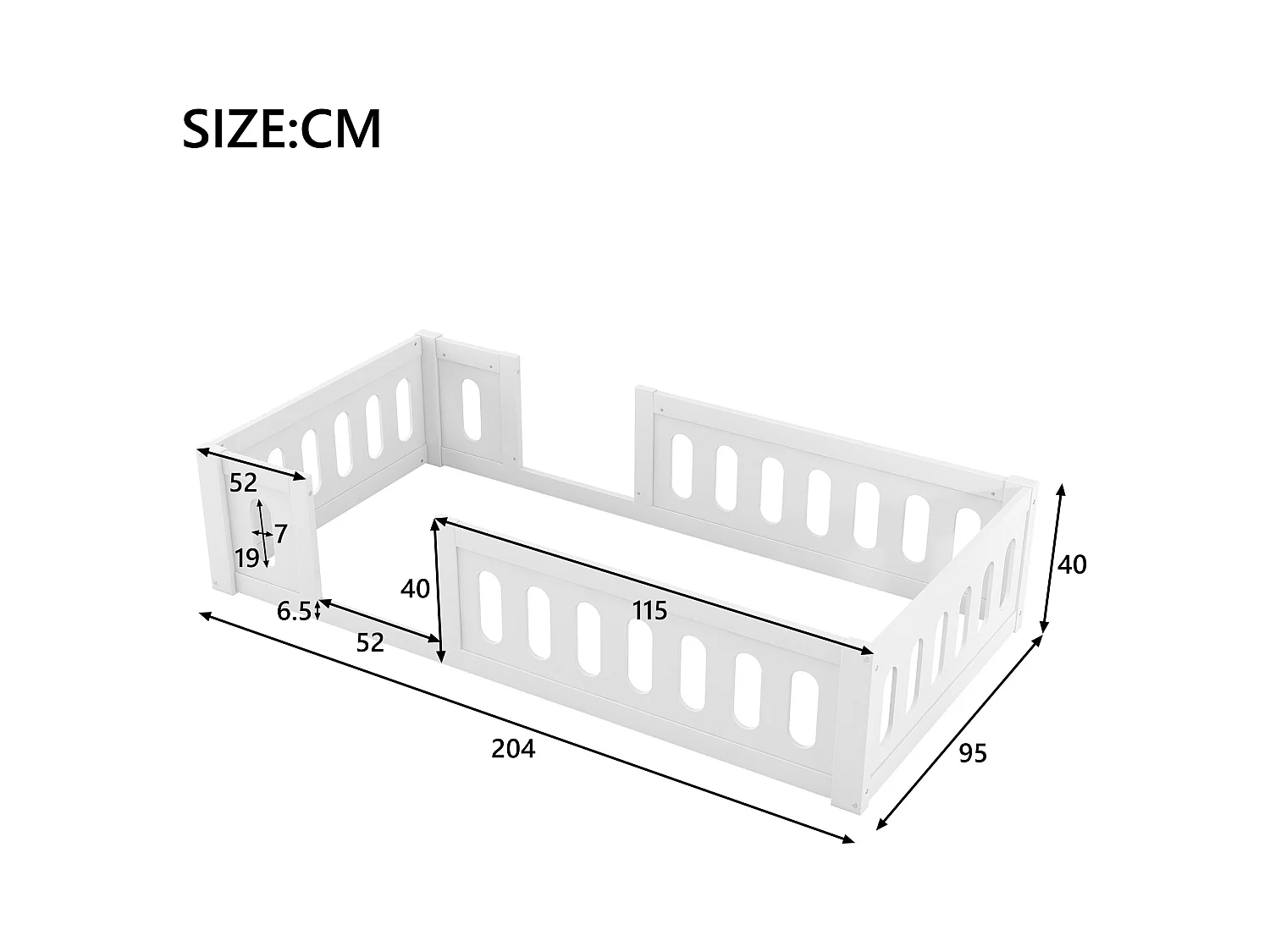 Lit enfant en bois 90x200 cm - avec barrières - MDF + bois massif - Blanc (matelas non inclus)