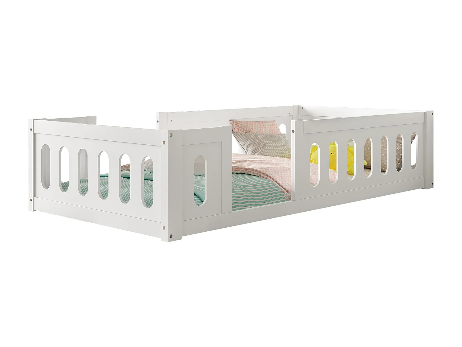 Łóżko dziecięce drewniane 90x200 cm - z barierkami - MDF + drewno lite - Biały (materac nie jest w zestawie)