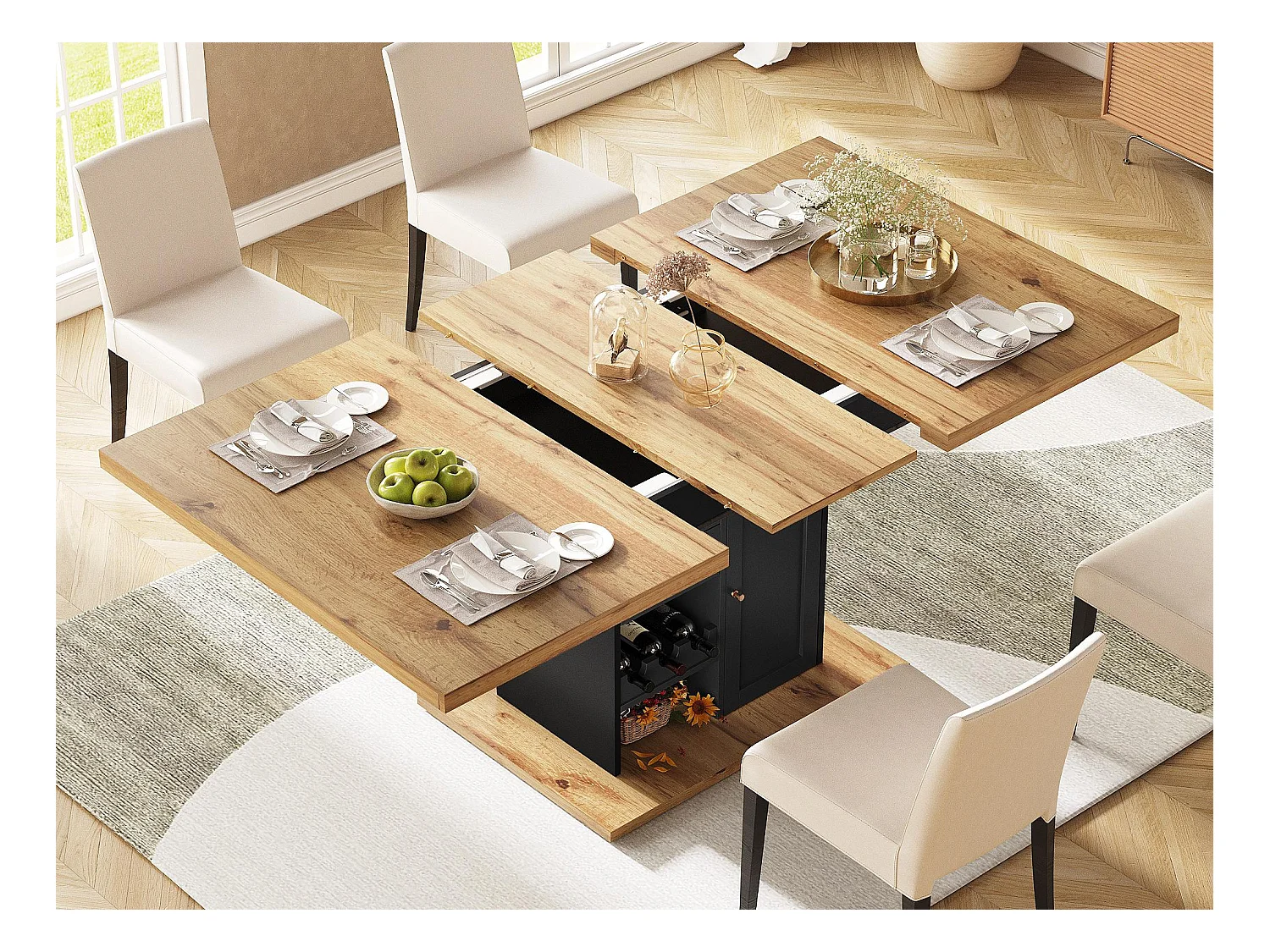 Table à manger extensible 110-140×80cm - 4-6 personnes - avec 1 porte et 2 tiroirs - avec casier à vin et étagère à épices - Noir