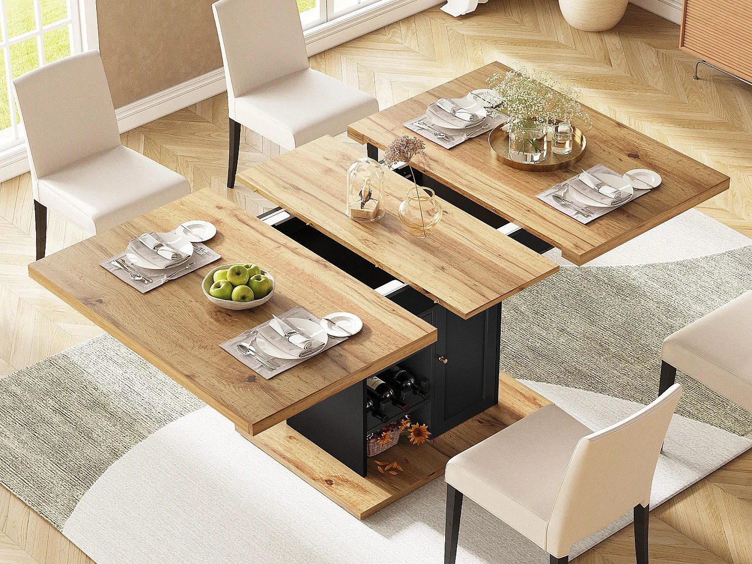 Table à manger extensible 110-140×80cm - 4-6 personnes - avec 1 porte et 2 tiroirs - avec casier à vin et étagère à épices - Noir