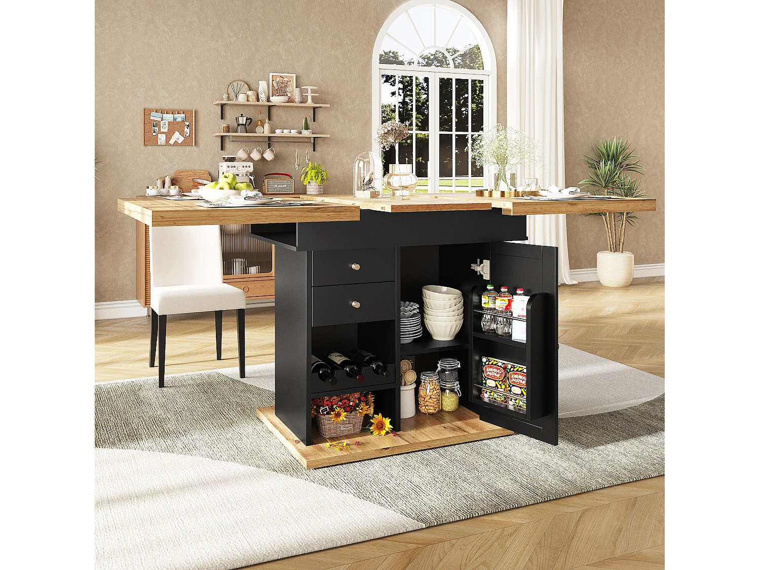Table à manger extensible 110-140×80cm - 4-6 personnes - avec 1 porte et 2 tiroirs - avec casier à vin et étagère à épices - Noir
