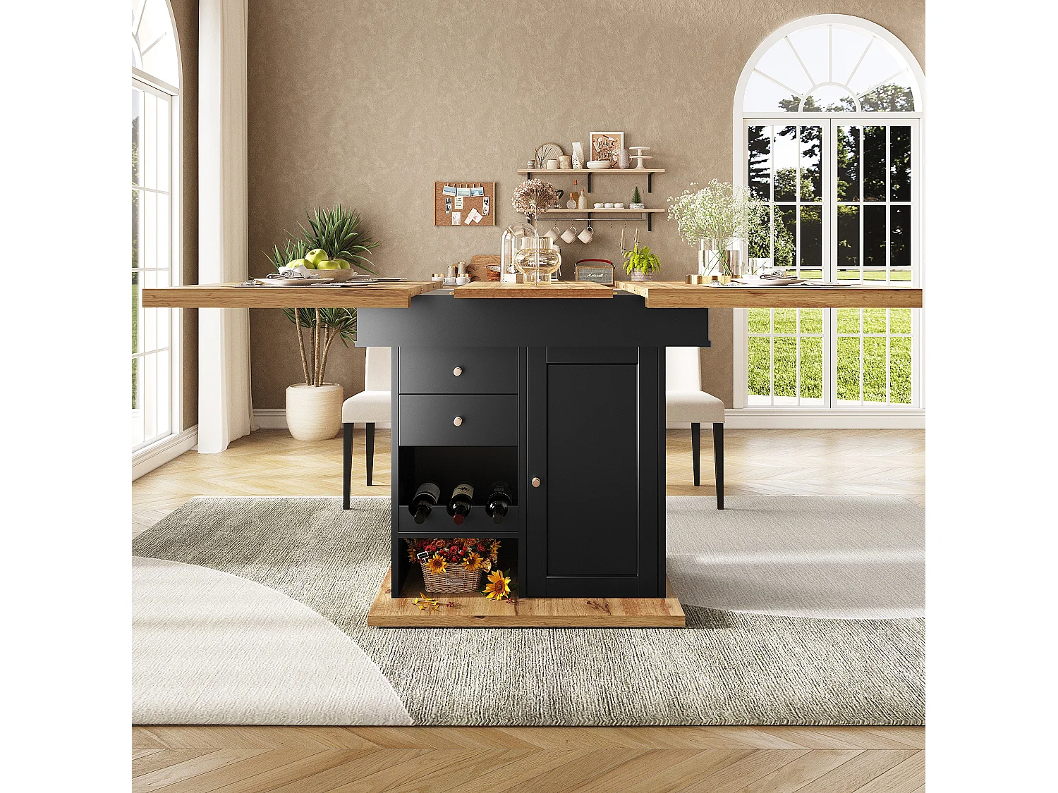 Table à manger extensible 110-140×80cm - 4-6 personnes - avec 1 porte et 2 tiroirs - avec casier à vin et étagère à épices - Noir