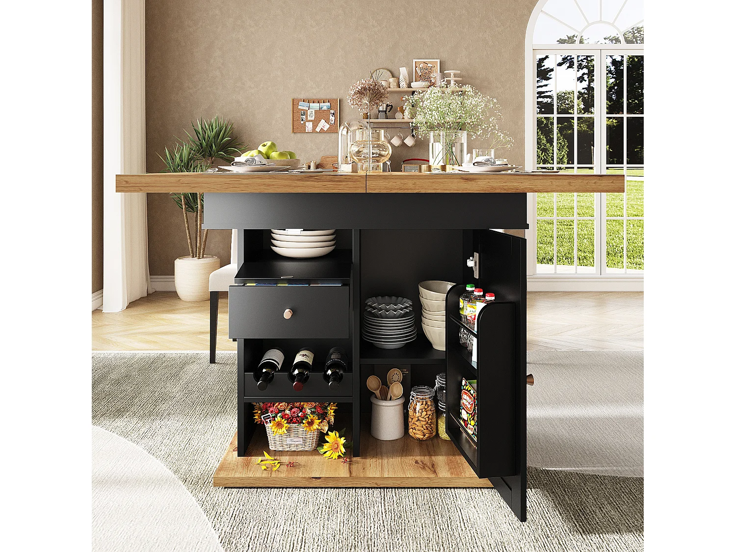 Table à manger extensible 110-140×80cm - 4-6 personnes - avec 1 porte et 2 tiroirs - avec casier à vin et étagère à épices - Noir
