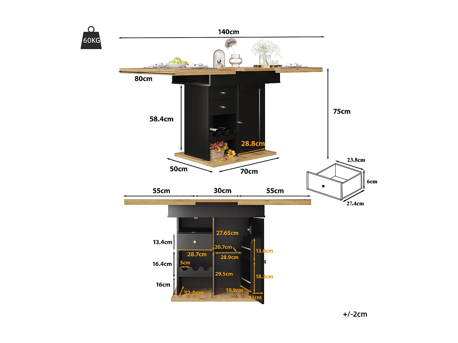 Table à manger extensible 110-140×80cm - 4-6 personnes - avec 1 porte et 2 tiroirs - avec casier à vin et étagère à épices - Noir