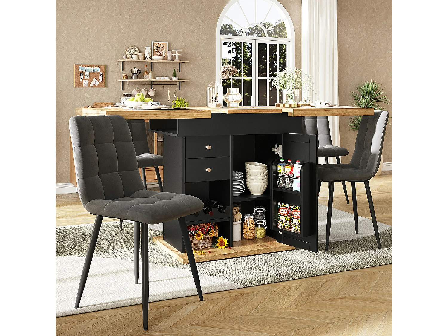 Table à manger extensible 110-140×80cm - 4-6 personnes - avec 1 porte et 2 tiroirs - avec casier à vin et étagère à épices - Noir