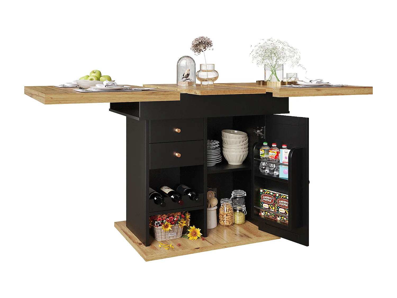 Table à manger extensible 110-140×80cm - 4-6 personnes - avec 1 porte et 2 tiroirs - avec casier à vin et étagère à épices - Noir