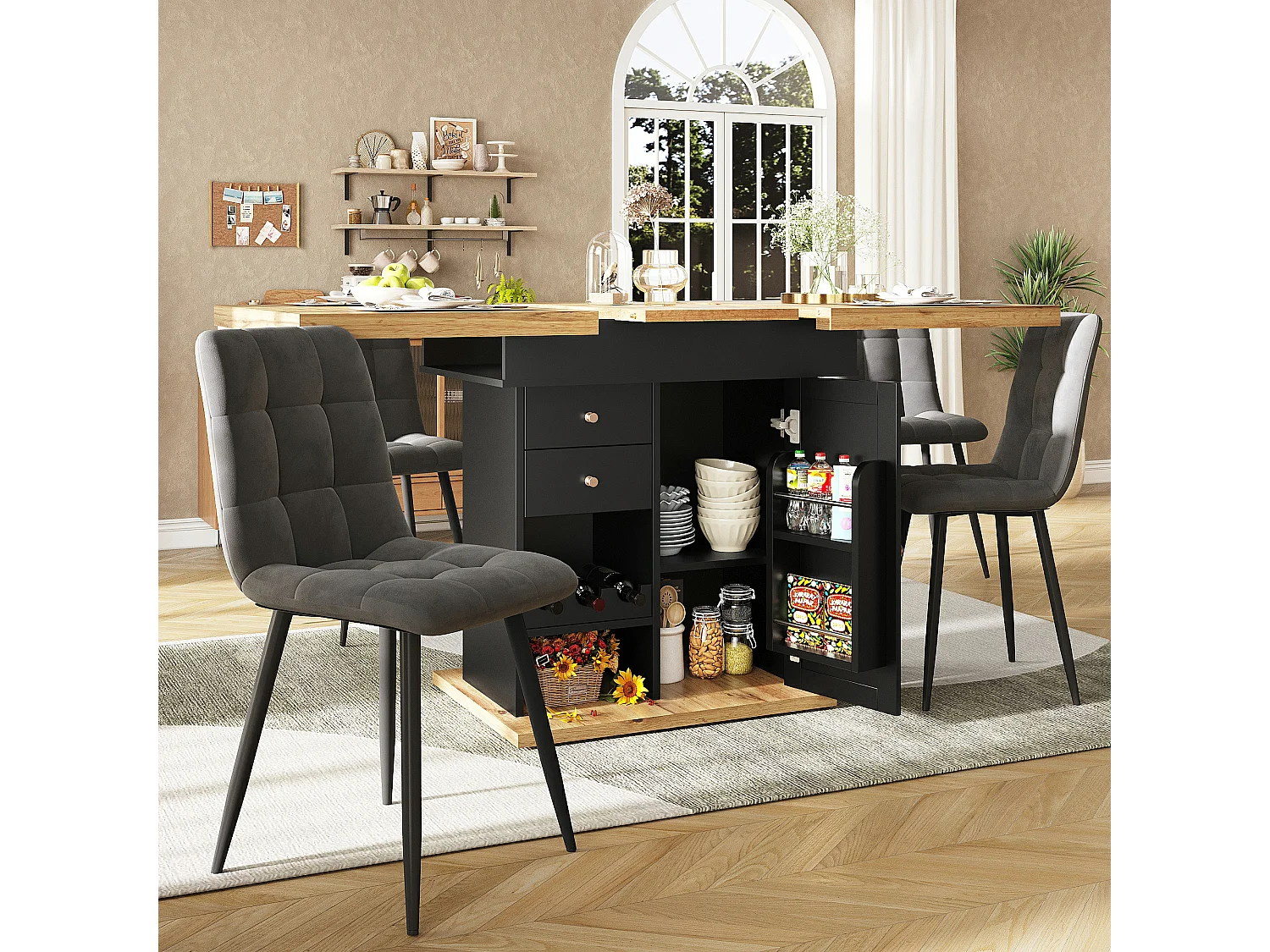 Table à manger extensible 110-140×80cm - 4-6 personnes - avec 1 porte et 2 tiroirs - avec casier à vin et étagère à épices - Noir