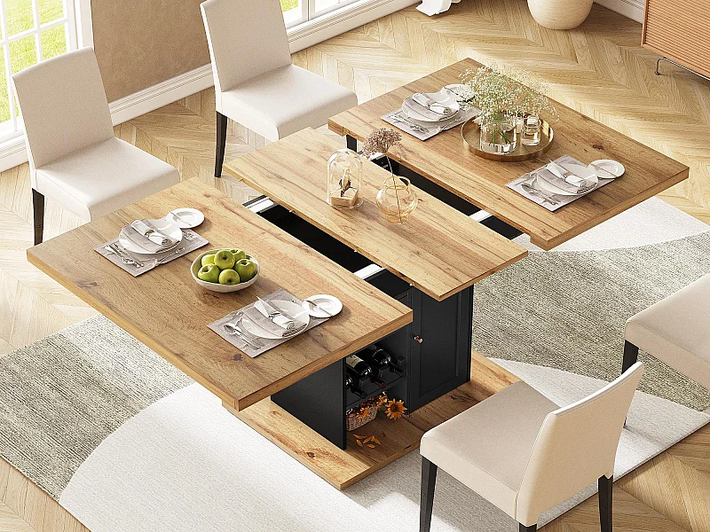 Table à manger extensible 110-140×80cm - 4-6 personnes - avec 1 porte et 2 tiroirs - avec casier à vin et étagère à épices - Noir