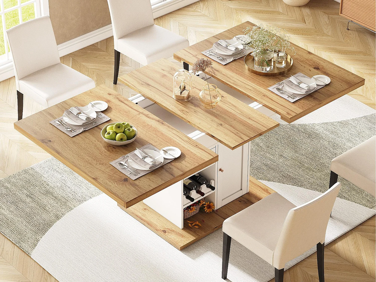 Table à manger extensible 110-140×80cm - 4-6 personnes - avec 1 porte et 2 tiroirs - avec casier à vin et étagère à épices - Blanc