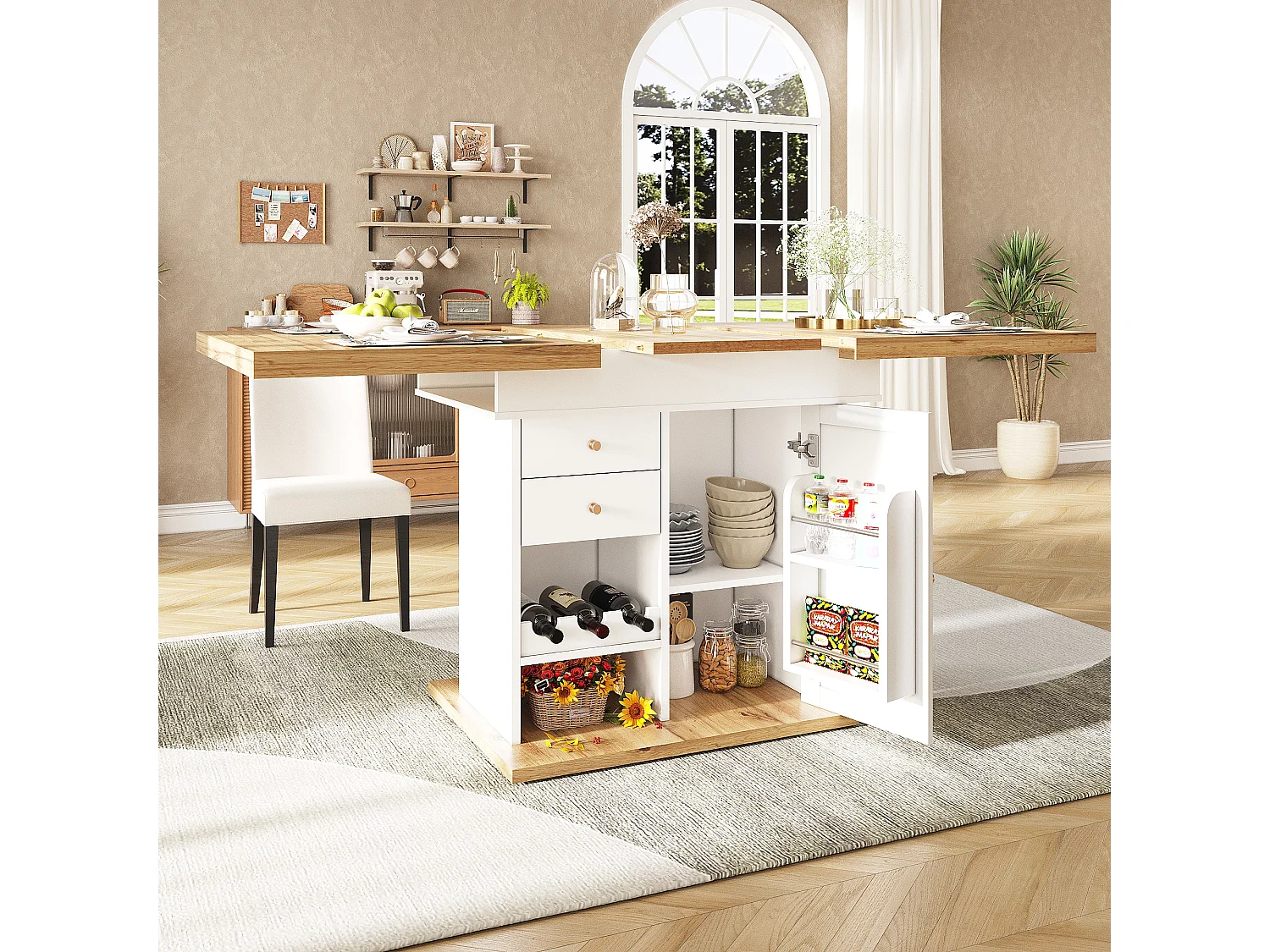 Table à manger extensible 110-140×80cm - 4-6 personnes - avec 1 porte et 2 tiroirs - avec casier à vin et étagère à épices - Blanc