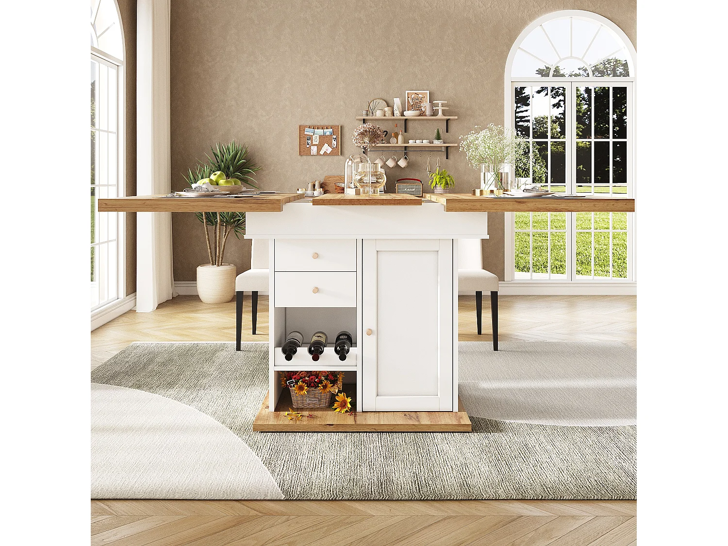 Table à manger extensible 110-140×80cm - 4-6 personnes - avec 1 porte et 2 tiroirs - avec casier à vin et étagère à épices - Blanc