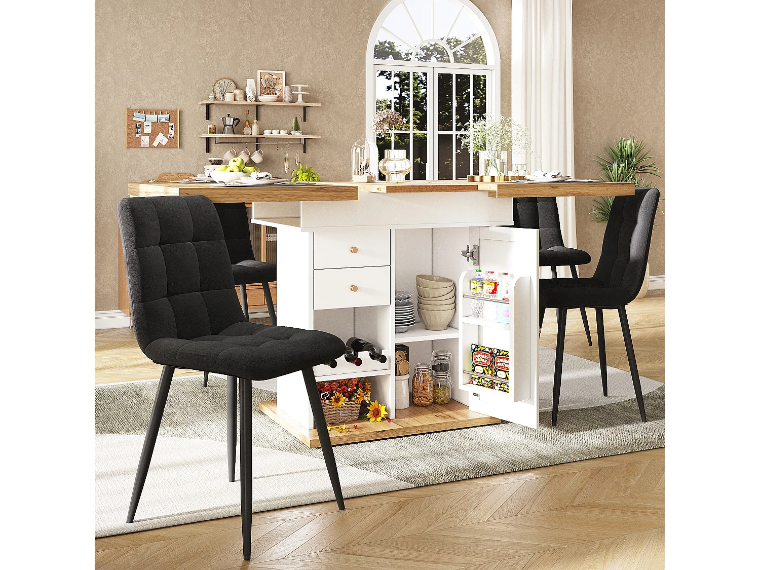 Table à manger extensible 110-140×80cm - 4-6 personnes - avec 1 porte et 2 tiroirs - avec casier à vin et étagère à épices - Blanc