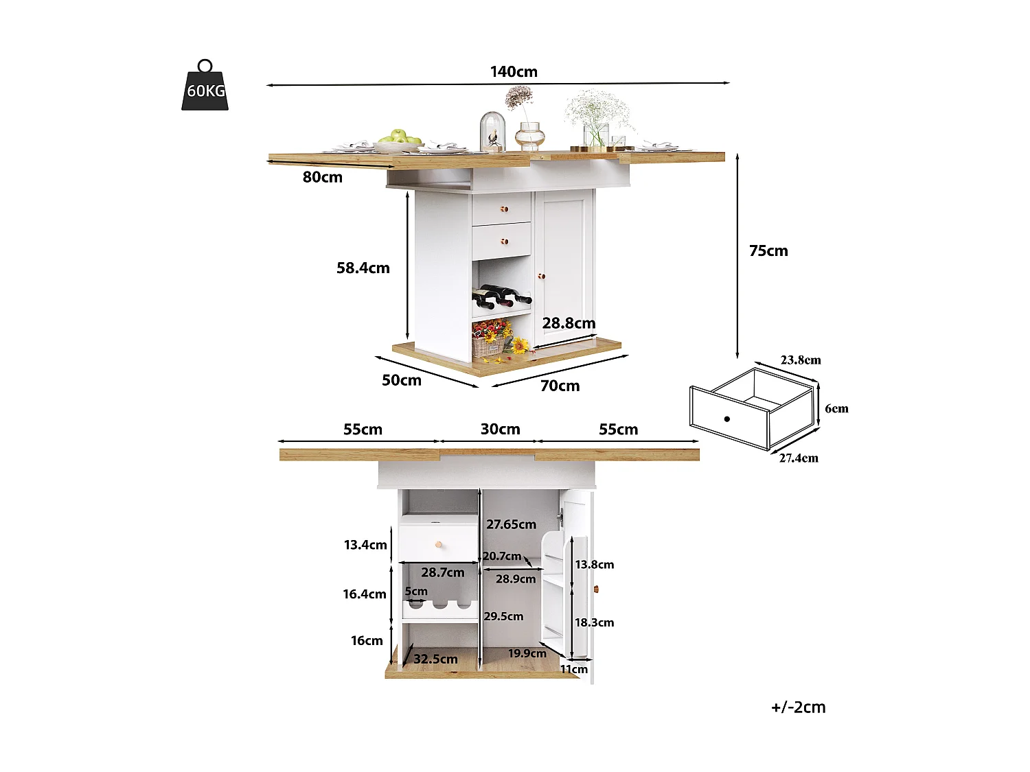 Table à manger extensible 110-140×80cm - 4-6 personnes - avec 1 porte et 2 tiroirs - avec casier à vin et étagère à épices - Blanc