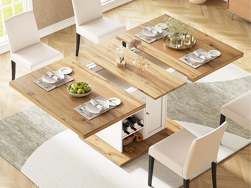 Uitschuifbare eettafel 110-140×80cm - 4-6 personen - met 1 deur en 2 lades - met wijnrek en kruidenplank - Wit