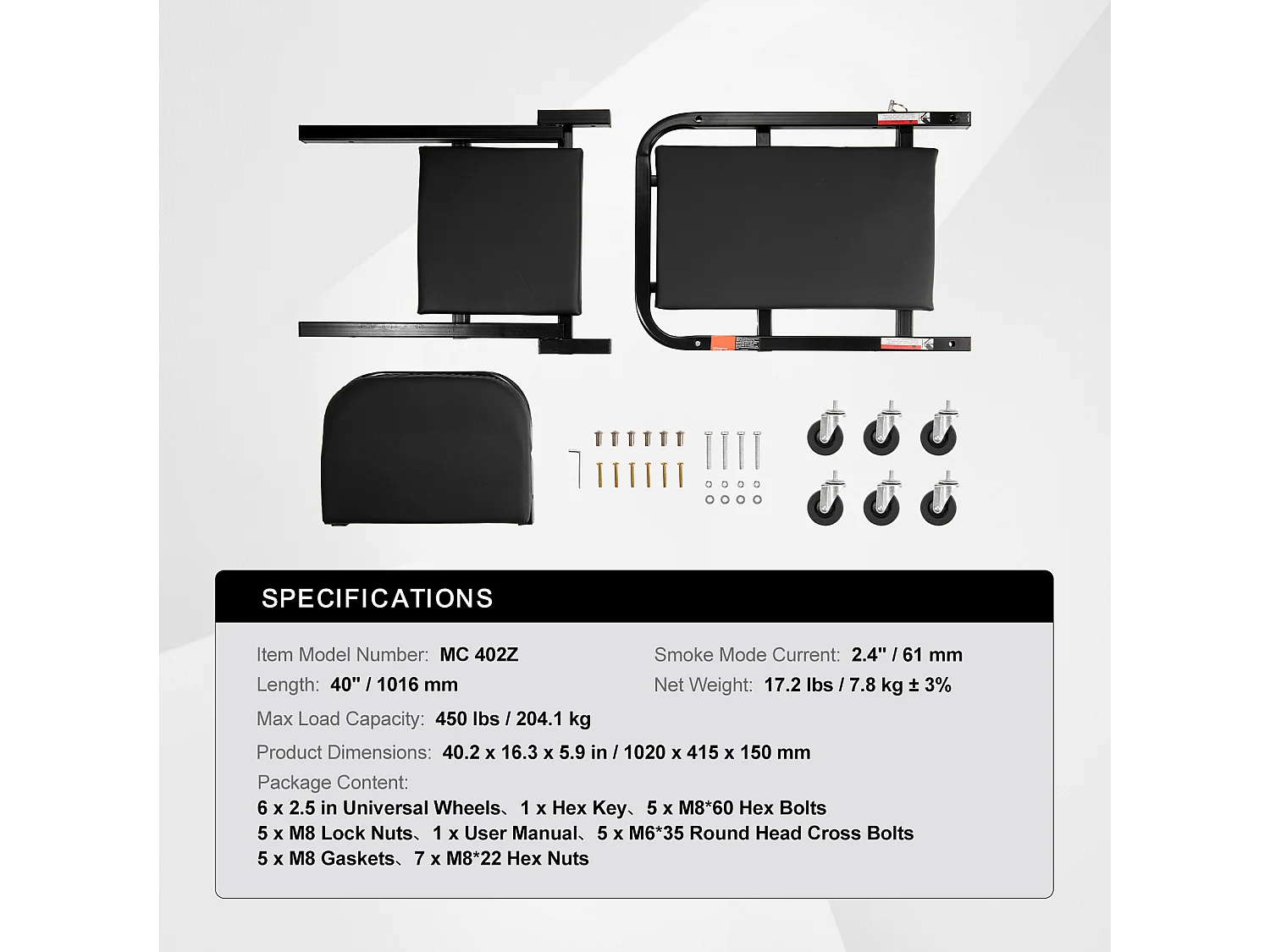 Tabouret de Garage Pliable de 102cm, Chariot de Visite SucceBuy, Capacité de Charge de 204kg, Équipé de Six Roulettes Pivotantes à 360° de 6.1 cm