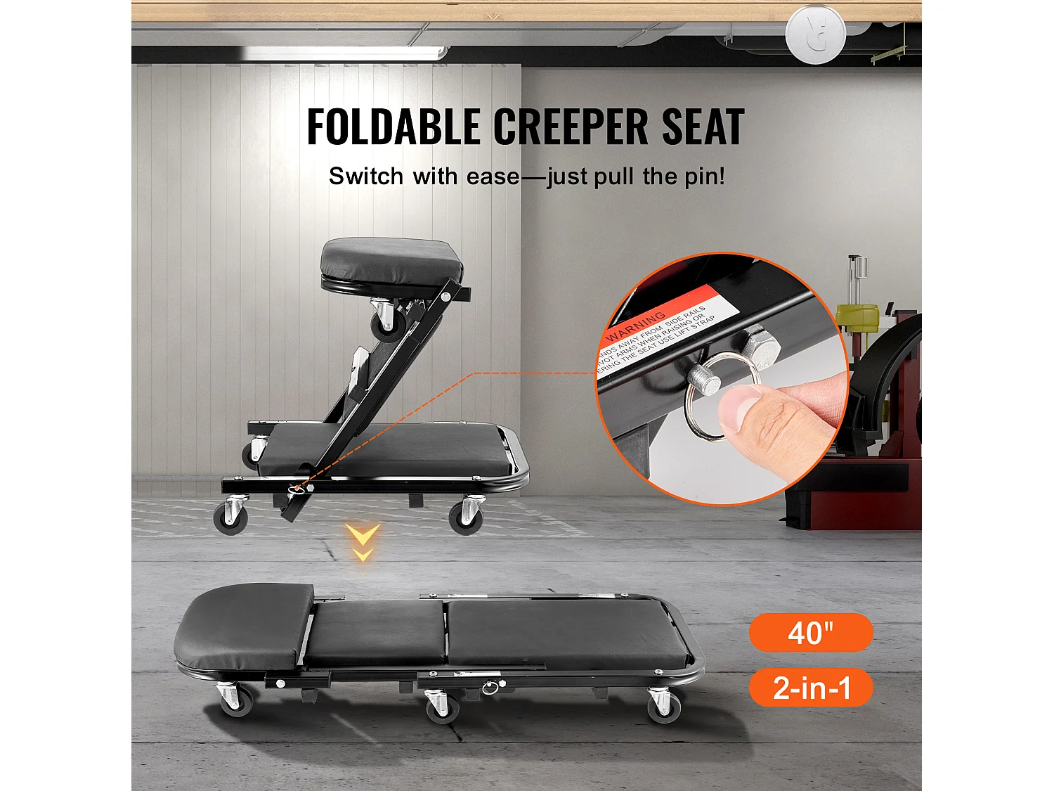 Tabouret de Garage Pliable de 102cm, Chariot de Visite SucceBuy, Capacité de Charge de 204kg, Équipé de Six Roulettes Pivotantes à 360° de 6.1 cm