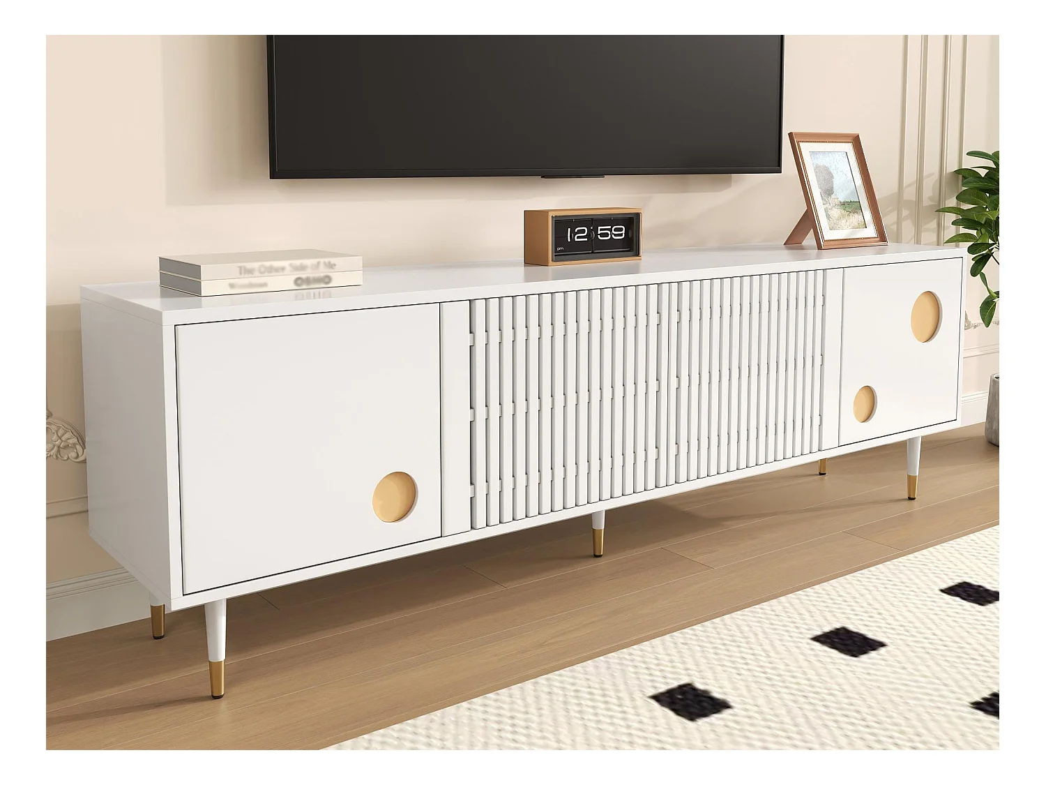 Meuble TV 170x36x54 cm - 4 portes - poignées dissimulées - pieds réglables - MDF - blanc