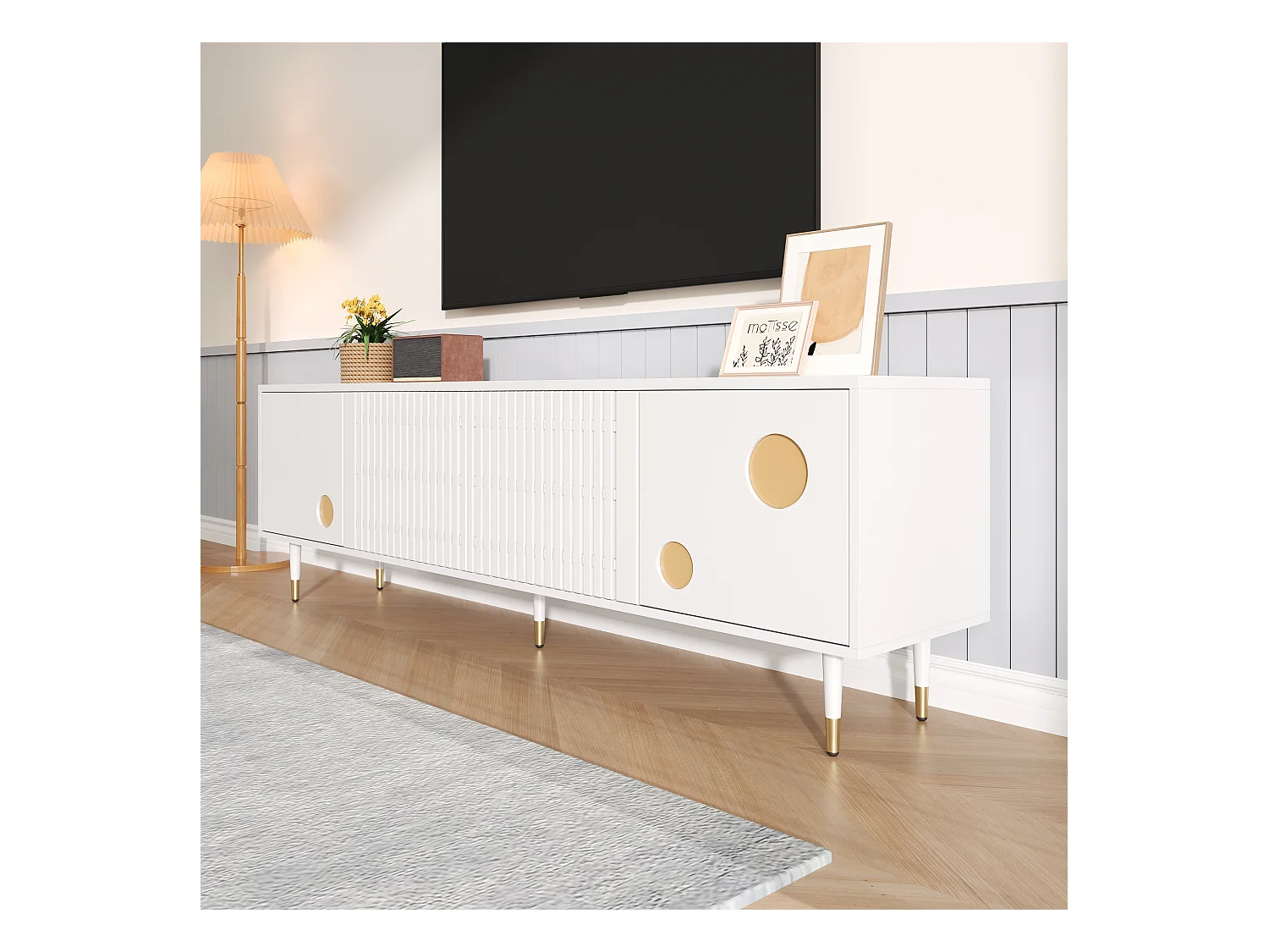 Meuble TV 170x36x54 cm - 4 portes - poignées dissimulées - pieds réglables - MDF - blanc