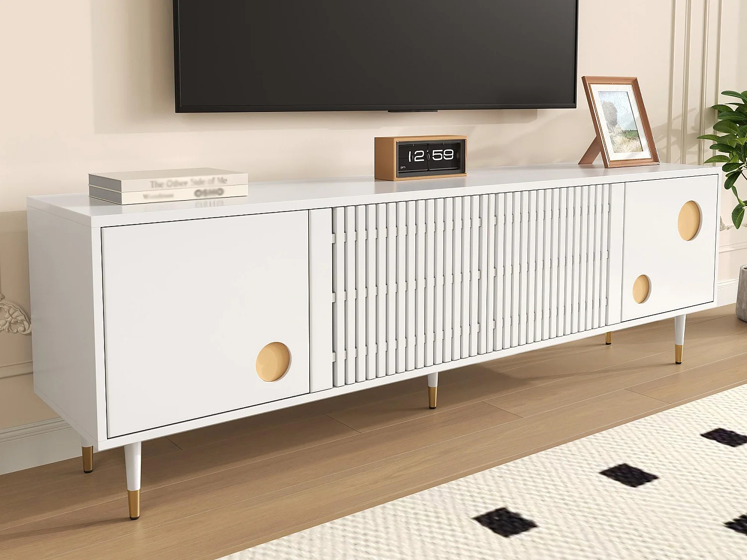 Mueble de TV 170x36x54 cm - 4 puertas - tiradores ocultos - pies ajustables - MDF - blan