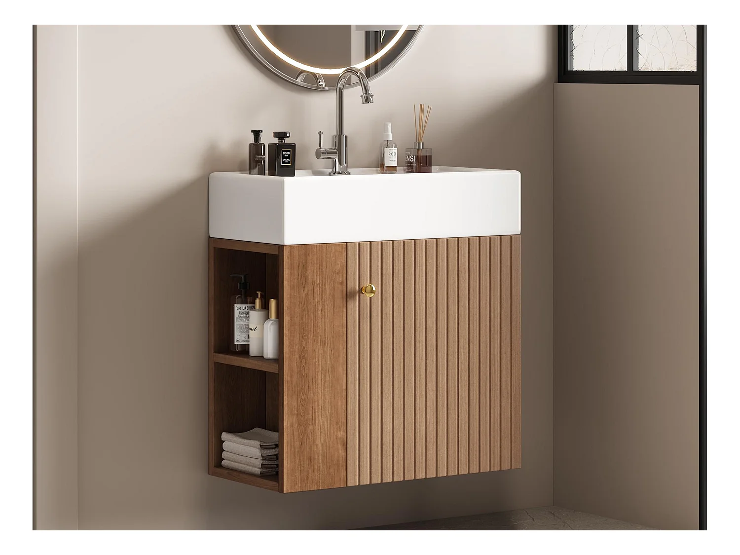 Meuble de salle de bain suspendu avec vasque carreé - 4 compartimrnts - Marron(robinet non inclus)