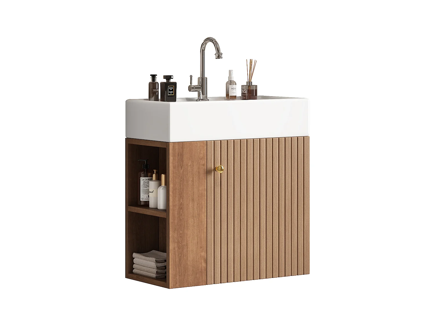Mobile bagno sospeso con lavabo quadrato - 4 scomparti - Marrone (rubinetto non incluso)