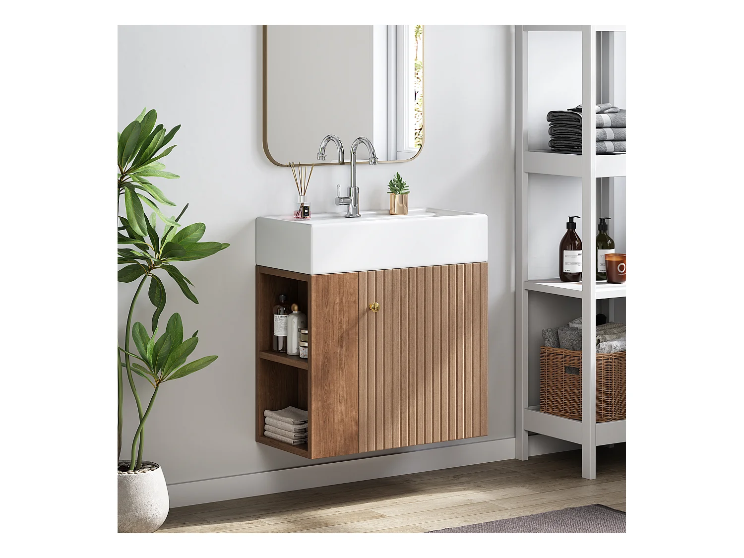 Mobile bagno sospeso con lavabo quadrato - 4 scomparti - Marrone (rubinetto non incluso)