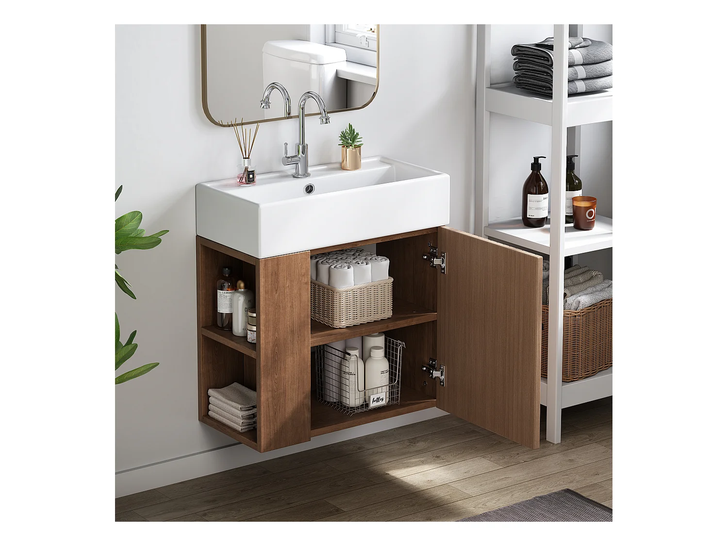 Mobile bagno sospeso con lavabo quadrato - 4 scomparti - Marrone (rubinetto non incluso)