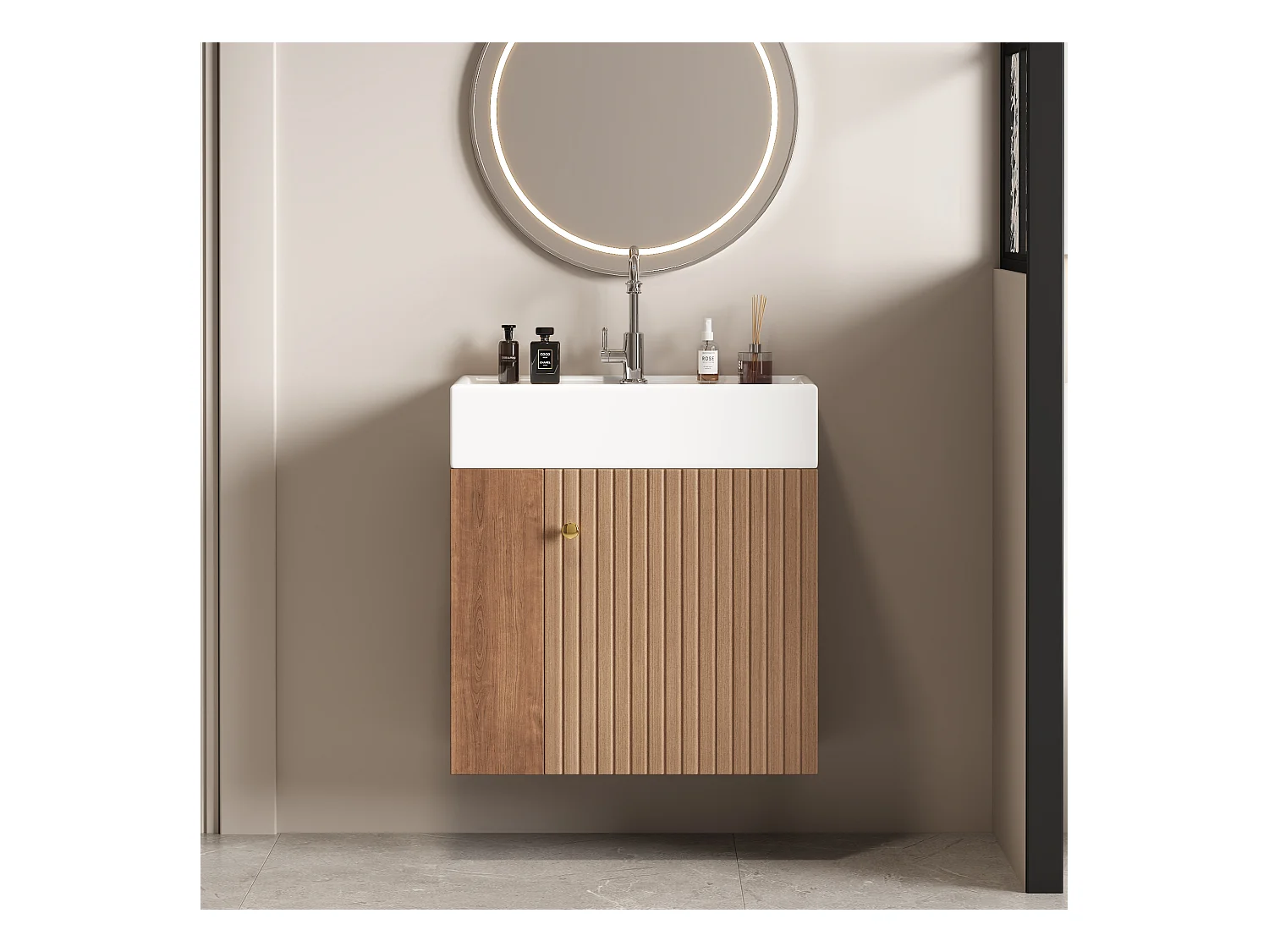 Mobile bagno sospeso con lavabo quadrato - 4 scomparti - Marrone (rubinetto non incluso)