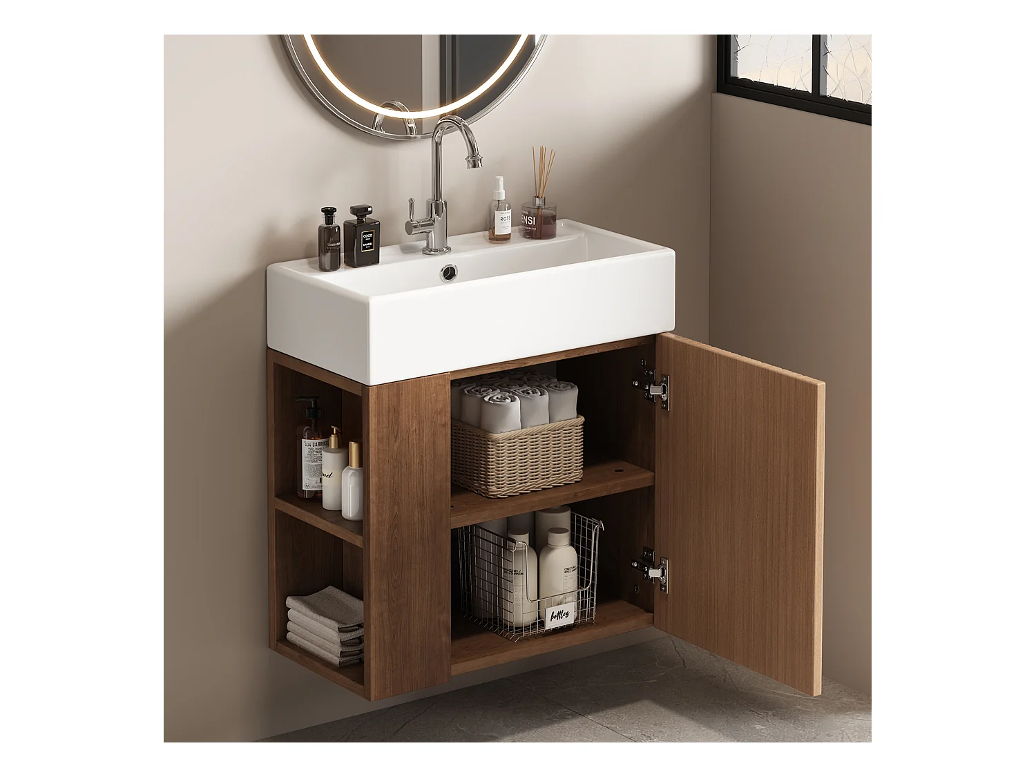 Mobile bagno sospeso con lavabo quadrato - 4 scomparti - Marrone (rubinetto non incluso)