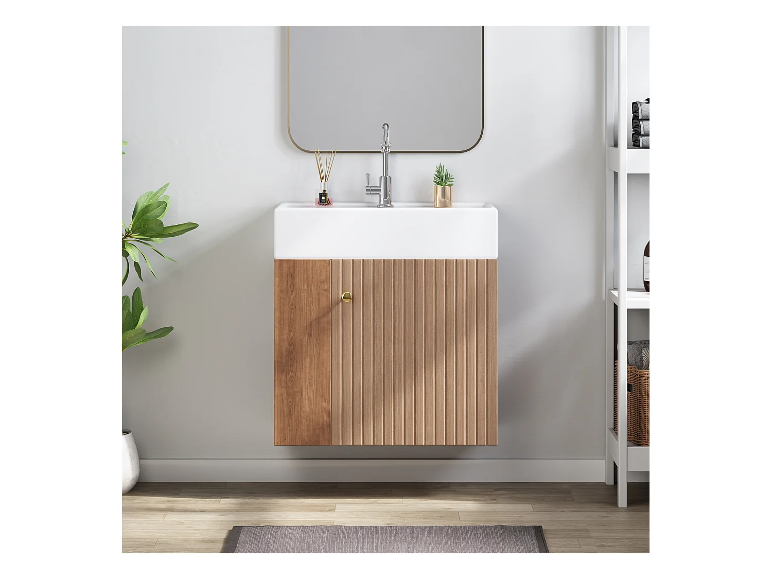 Mobile bagno sospeso con lavabo quadrato - 4 scomparti - Marrone (rubinetto non incluso)
