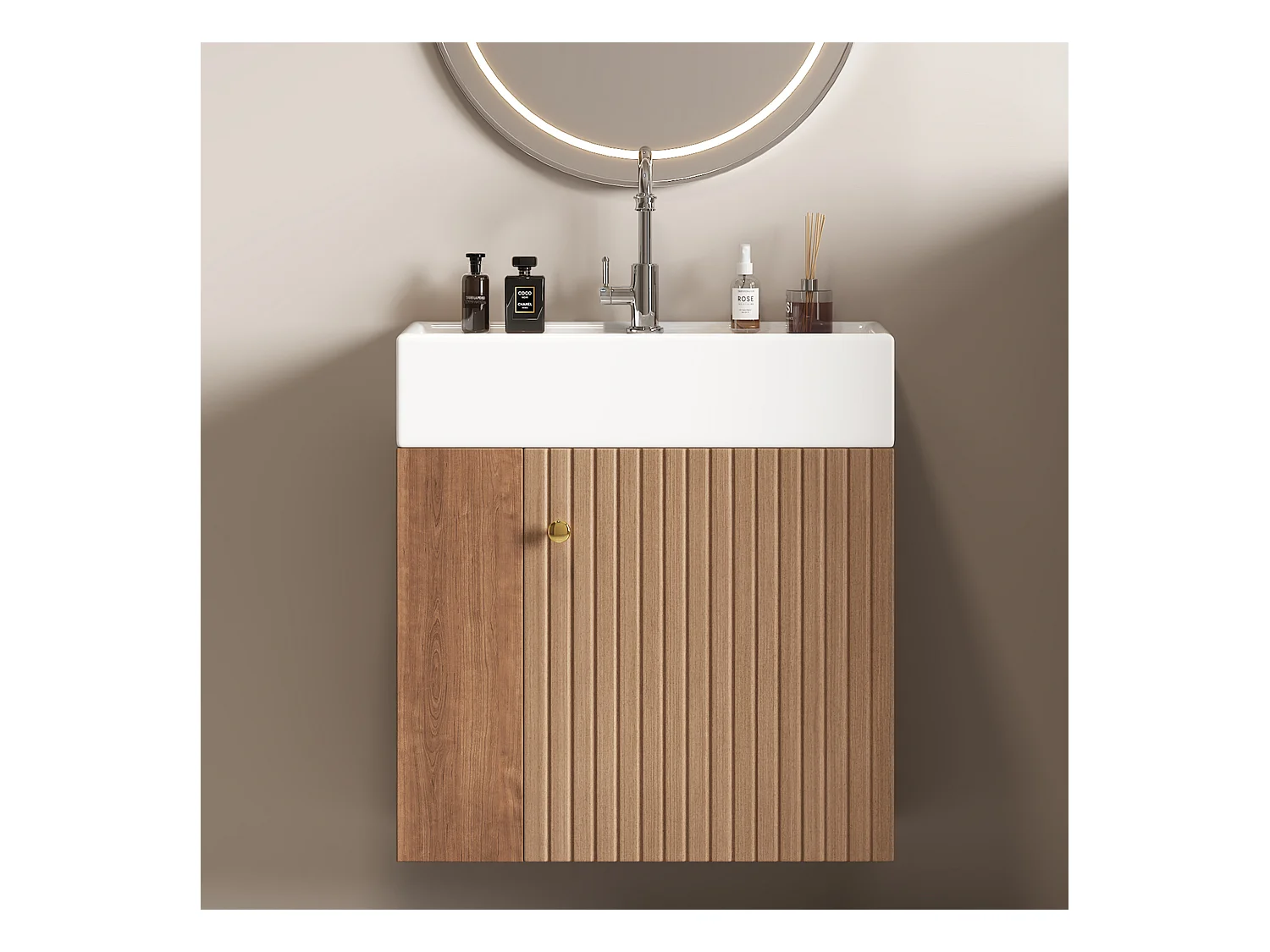 Mobile bagno sospeso con lavabo quadrato - 4 scomparti - Marrone (rubinetto non incluso)