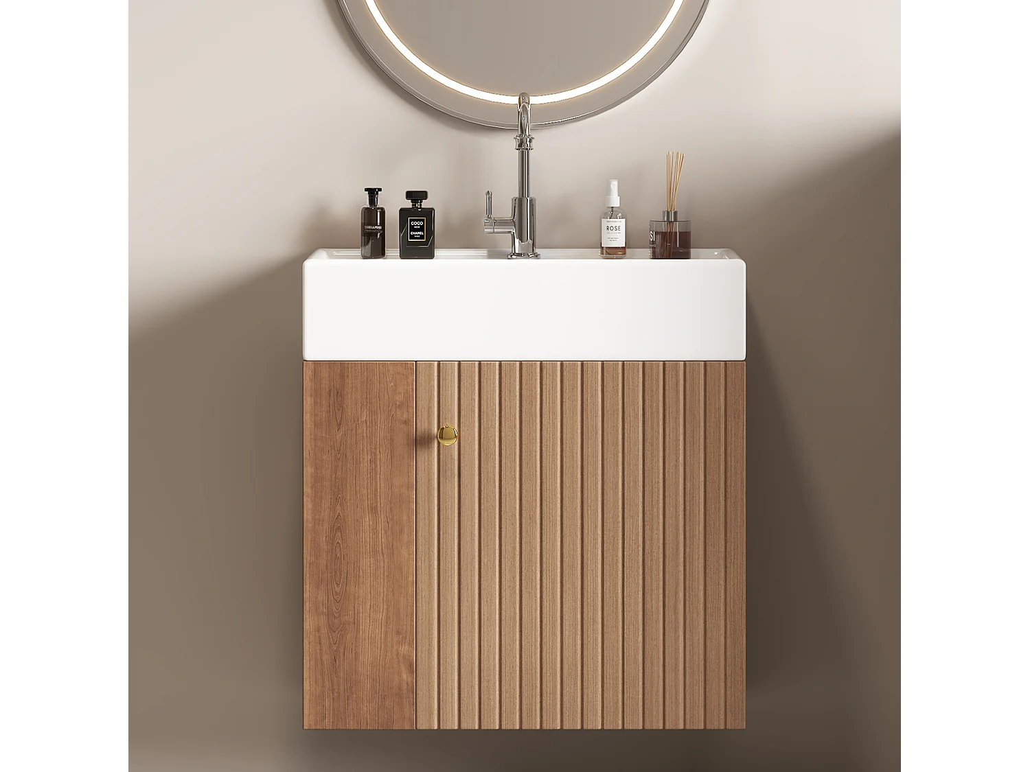 Wisząca szafa łazienkowa z kwadratową umywalką - 4 przegródki - Brązowy (bateria nie jest w zestawie)