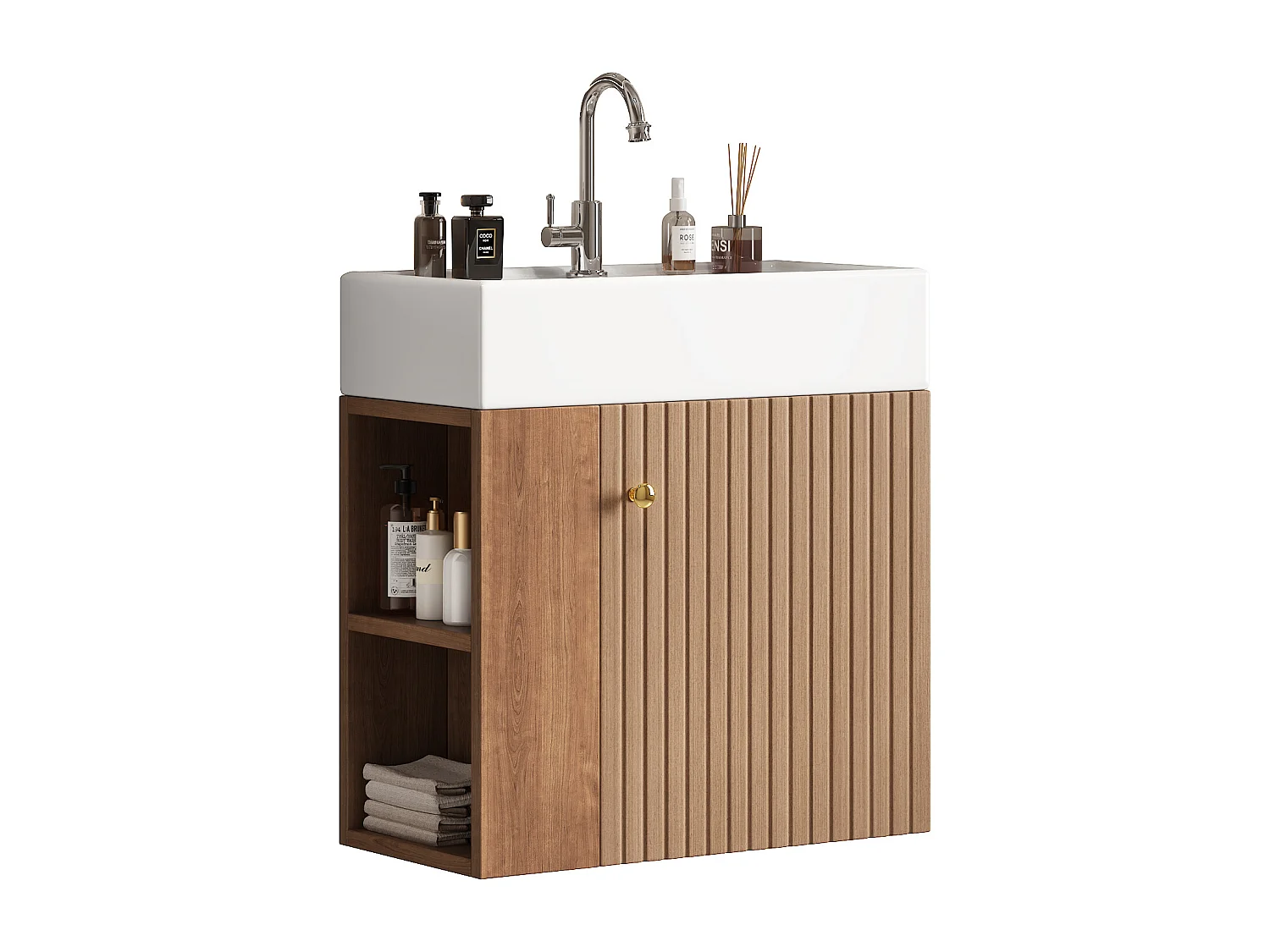 Wisząca szafa łazienkowa z kwadratową umywalką - 4 przegródki - Brązowy (bateria nie jest w zestawie)