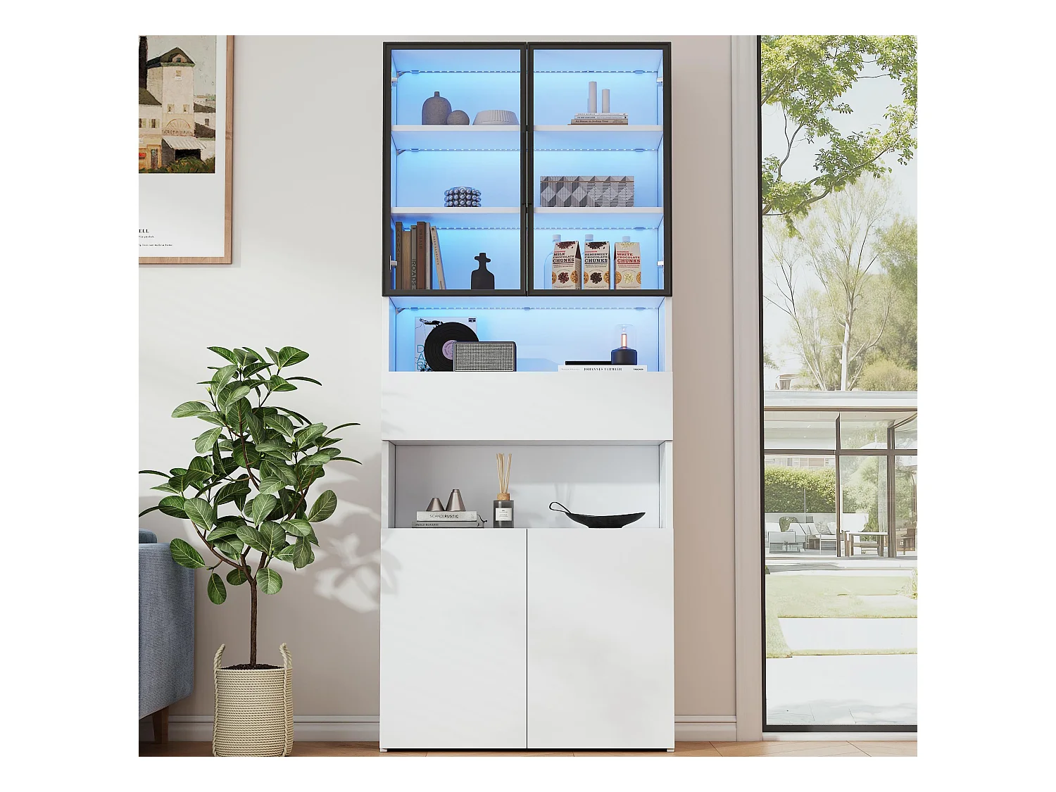 Vitrine 70x30x200cm - avec 1 tiroir et 4 portes - avec éclairage LED - panneaux de particules - blanc