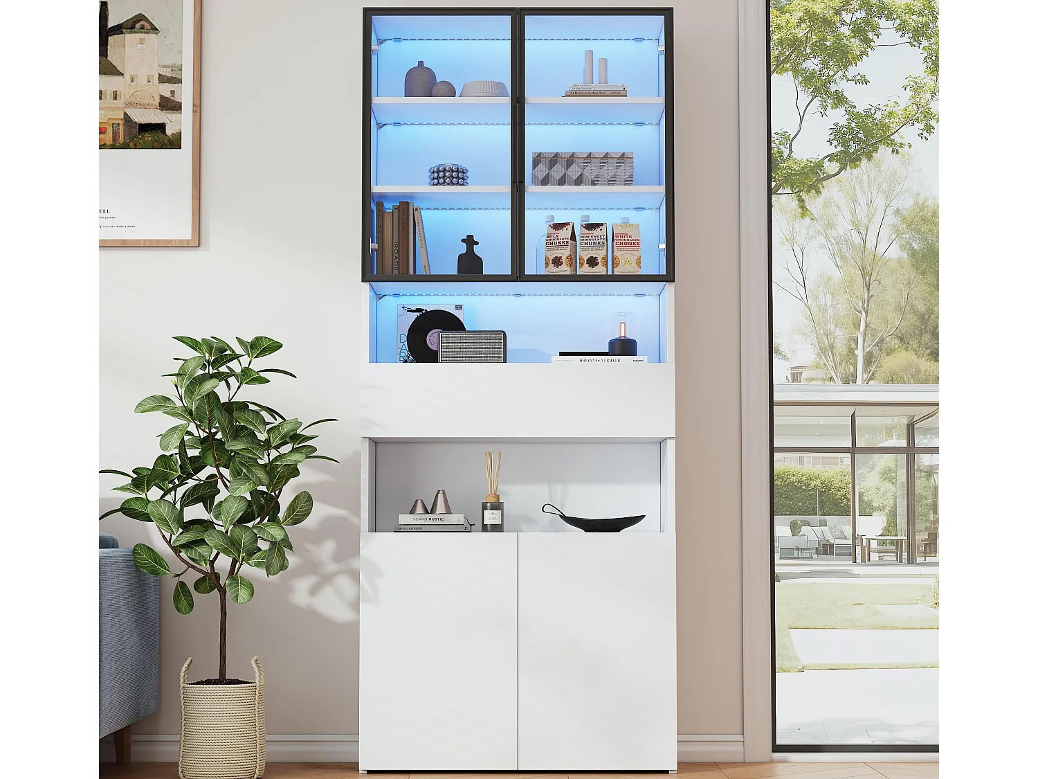 Vitrine 70x30x200cm - avec 1 tiroir et 4 portes - avec éclairage LED - panneaux de particules - blanc