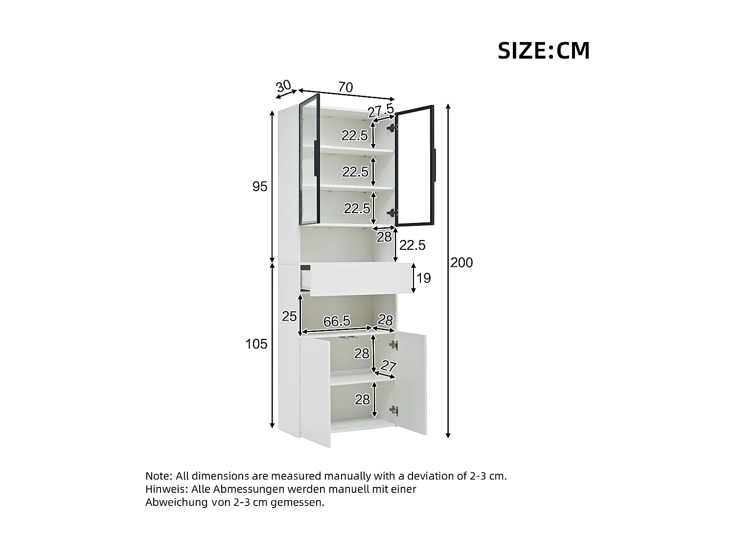 Vitrine 70x30x200cm - avec 1 tiroir et 4 portes - avec éclairage LED - panneaux de particules - blanc