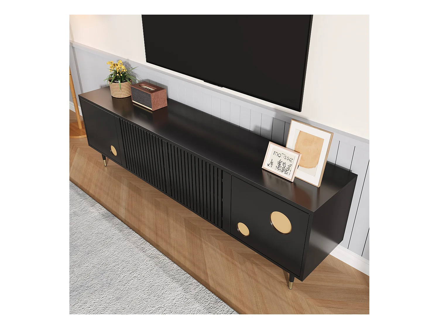 Meuble TV 170x36x54 cm - 4 portes - poignées dissimulées - pieds réglables - MDF - noir