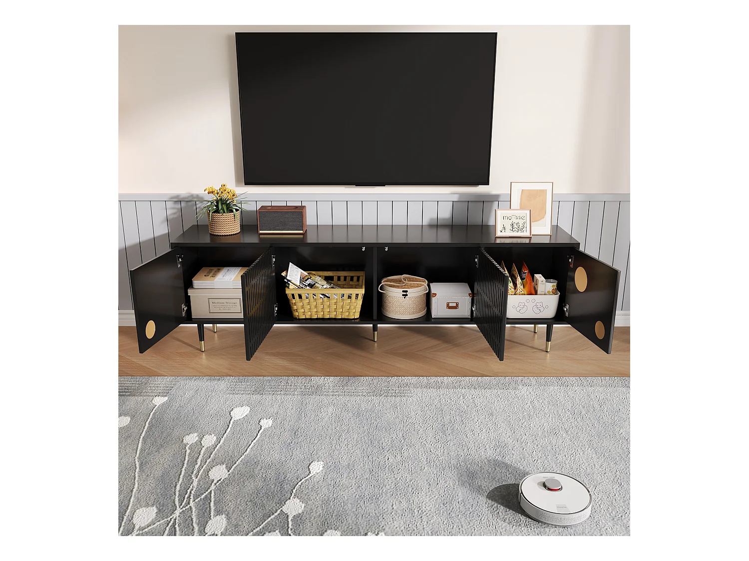 Meuble TV 170x36x54 cm - 4 portes - poignées dissimulées - pieds réglables - MDF - noir