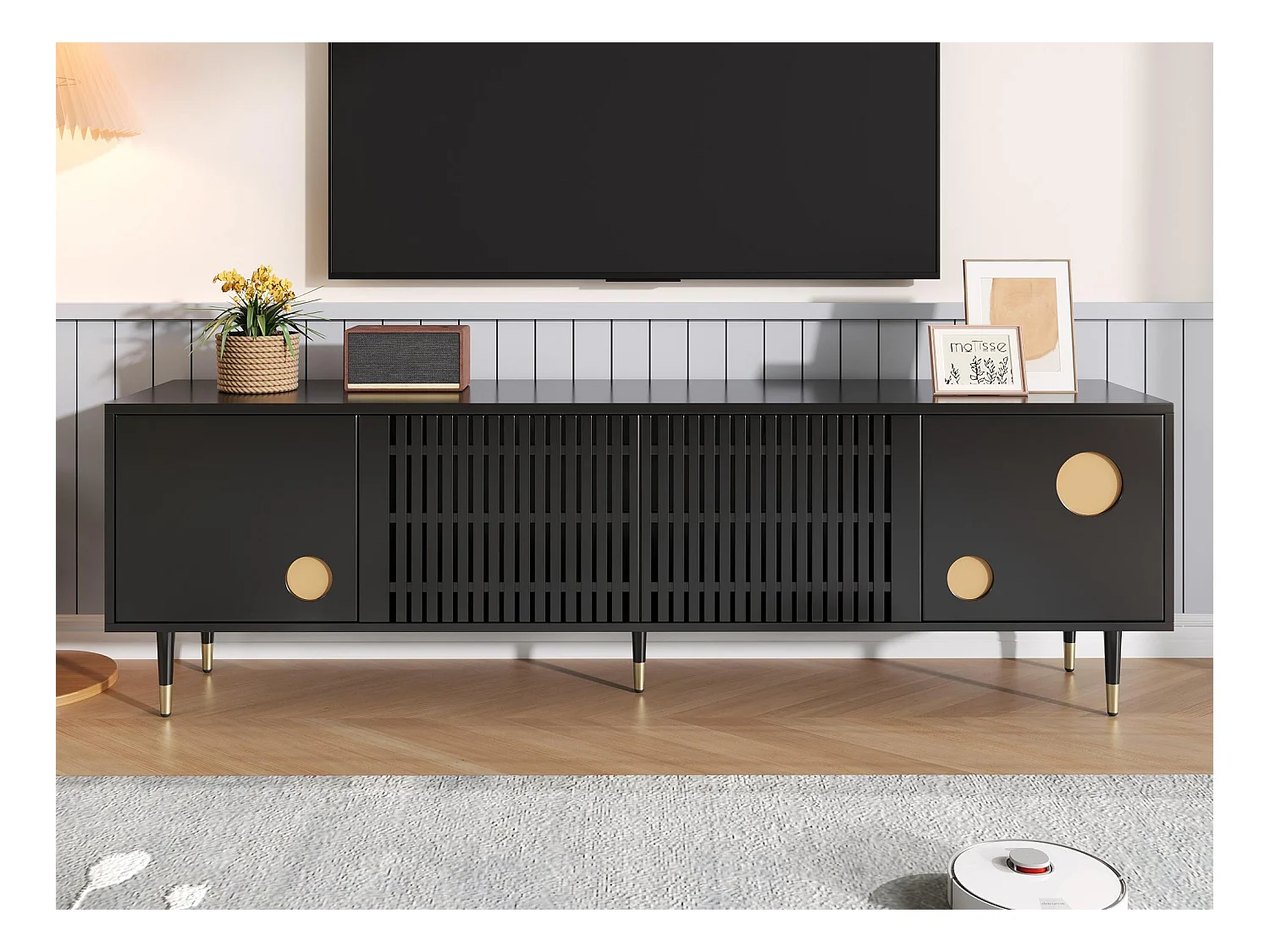 TV-Möbel 170x36x54 cm - 4 Türen - versteckte Griffe - verstellbare Füße - MDF - schwarz