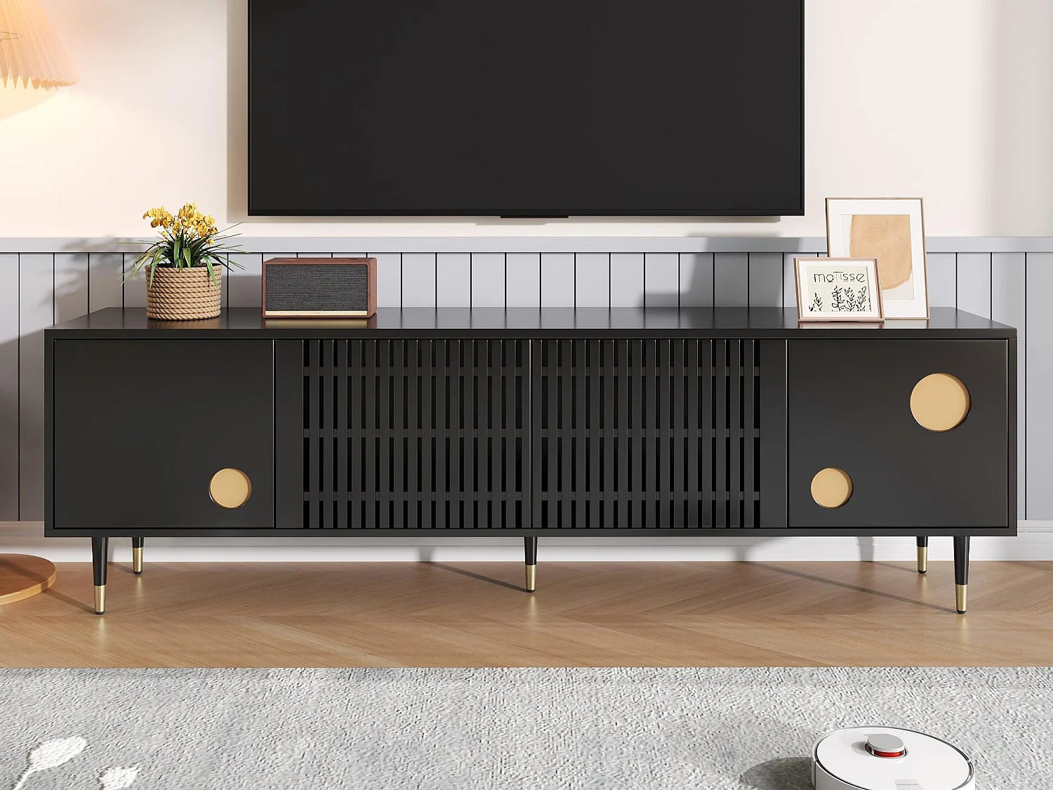 TV-Möbel 170x36x54 cm - 4 Türen - versteckte Griffe - verstellbare Füße - MDF - schwarz