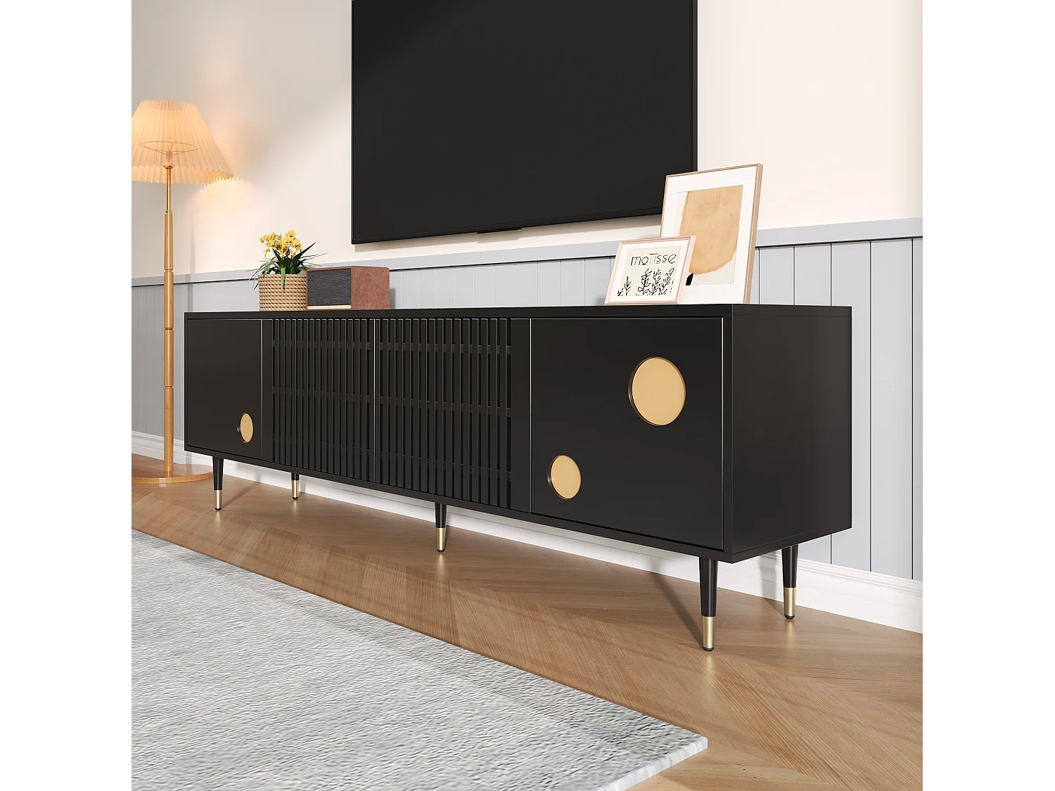 TV-Möbel 170x36x54 cm - 4 Türen - versteckte Griffe - verstellbare Füße - MDF - schwarz
