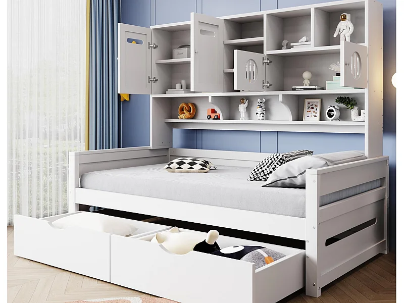 Canapé-lit en bois 90x200 cm - avec 2 tiroirs - avec plusieurs étagères - avec sommier à lattes - blanc (matelas non inclus)