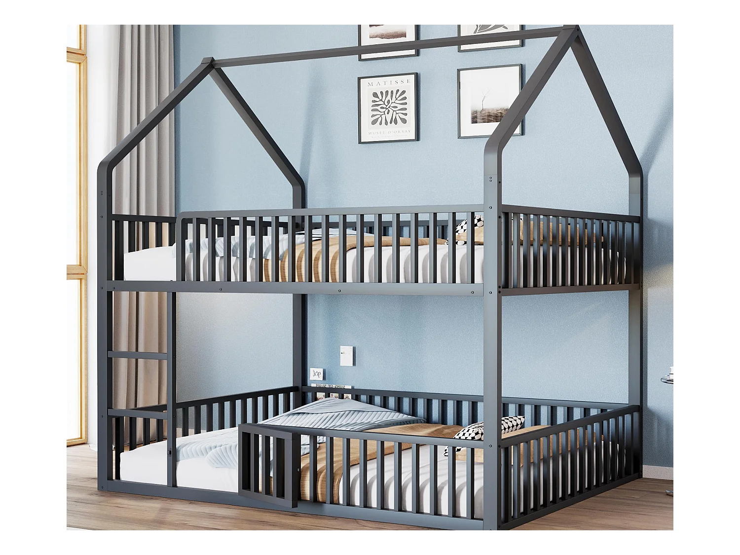 Lit superposé enfant 140x200cm - avec escalier - avec petite porte - Métal - Noir (matelas non inclus)