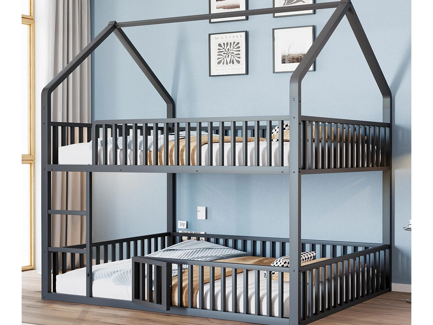 Cama beliche infantil 140x200 cm - com escada - com portinhola - Metal - Preto (colchão não incluído)